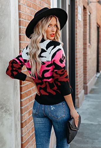 Image of ANCAPELION Women's V Neck Sweater Pullover Leopard Long Sleeve Basic Color Block Jumper Casual Knitted Tops