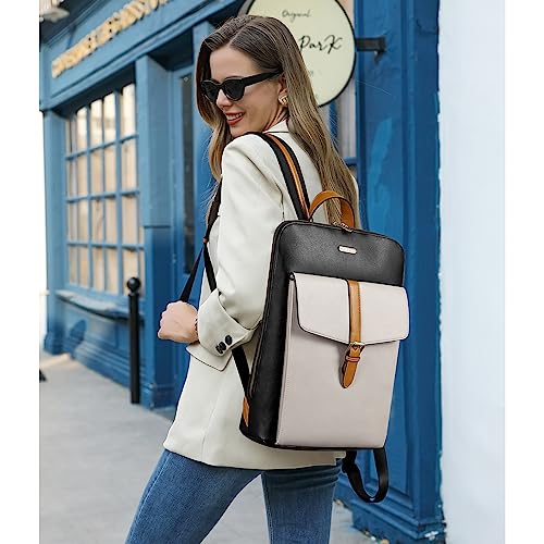 Image of CLUCI Leather Laptop Backpack for Women 15.6 inch Computer Backpack Stylish Travel Backpack Purse for Women Work Daypack Bag Black-white with Yellow