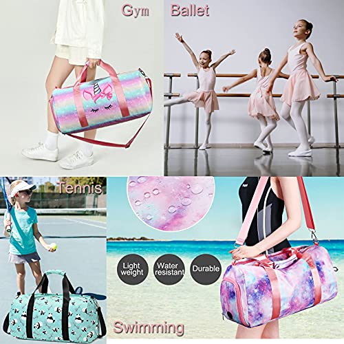 Dance Bag Gym Bag for Girls, Unicorn Kids Sports Duffle Bag Overnight Weekender Travel Bag with Shoe Compartments Gymnastics Ballet Bag Teens Sleepover Carry On Bag