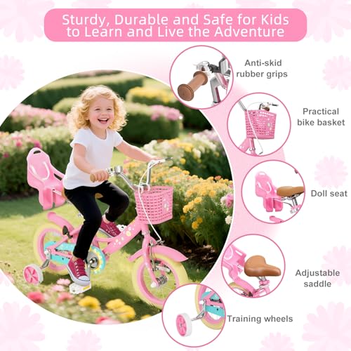 Image of Glaf Toddler Girls Bike for Age 2-9 Years 12 14 16 20 Inch Kids Bike | Girls Bicycle,Toddler Bike,Doll Seat, Basket, Adjustable Seat, Bell,