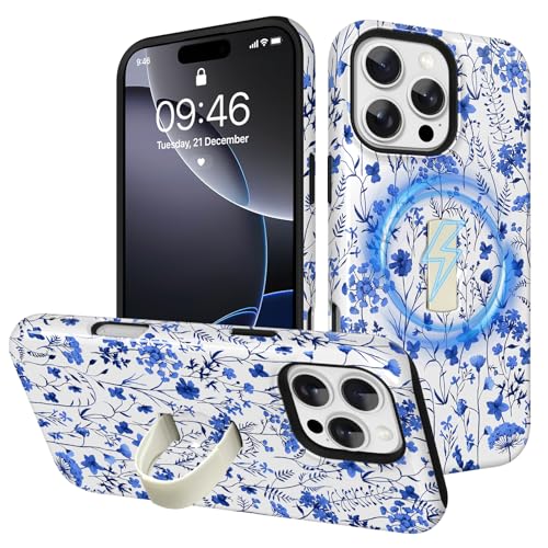 Image of Magnetic for iPhone 16 Pro Max Case with Finger Strap Kickstand [Compatible with Magsafe] Cute Floral Flower Pattern Design, Dual-Layer Shockproof Protective Cover for Women Men, Blue