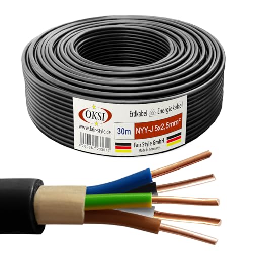 OKSI 30m NYY-J 5x2 5 mm Erdkabel Elektrokabel Beton und Freien Kupfer Made in Germany