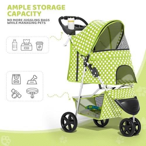 Image of Magshion 3-Wheel Pet Stroller, Foldable Travel Jogger for Small & Medium Dogs & Cats (Up to 33lbs), Lightweight Carrier with Breathable Mesh Cover, Cup Holder & Storage Basket, Lawn Green Polka Dots