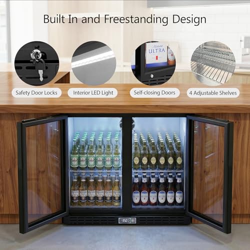 Image of Coolake Back Bar Cooler Refrigerator with 2 Glass Doors, 7.4 cu.ft Commercial Under Counter Height Beverage Refrigerator with LED Lighting, Display Drink Fridge for Home Bar, Man Cave, Garage, Office