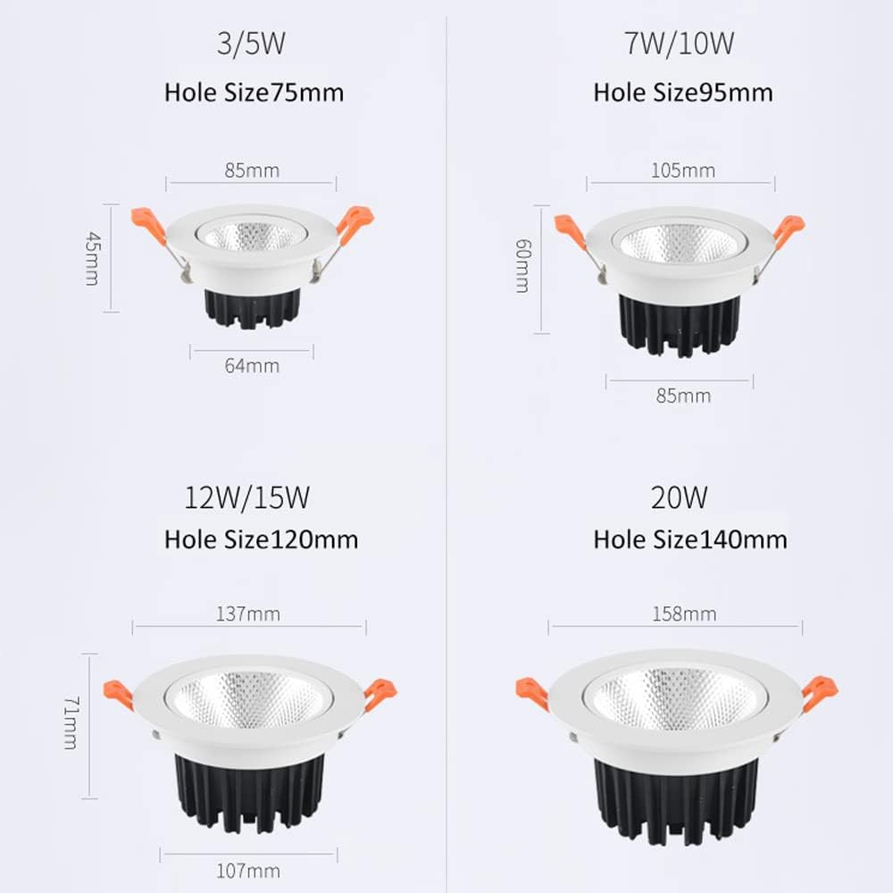 COB Ceiling Light Spotlight Led Recessed Lighting 2 Inch 3 Inch 4 Inch Adjustable Angle Downlight 3-20W 3000K/4000K/6000K Selectable Aluminum LED Can Light