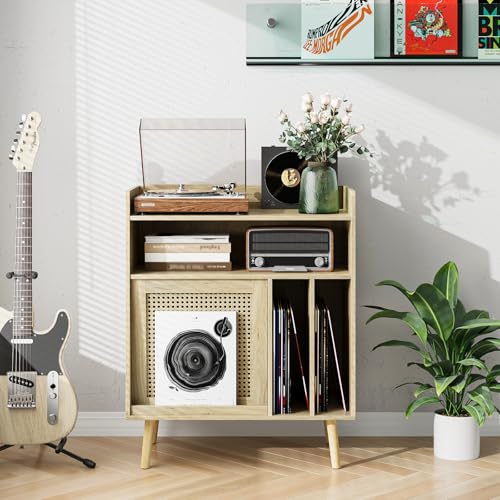 Morwdxef Record Player Stand with Vinyl Record Storage, Turntable Stand with Rattan Cabinet Door...