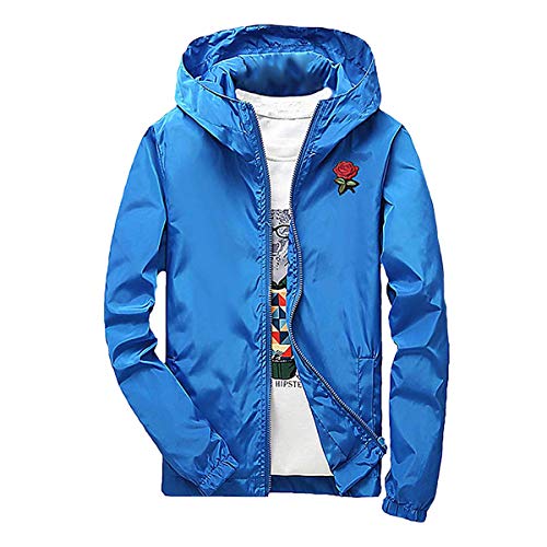 AITFINEISM Men's Lightweight Hooded Zip up Sports Jacket Windproof Windbreaker (X-Large, Blue-Rose)