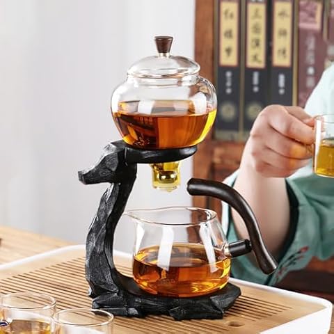 Lazy Kungfu Drip TeaPot, Heat Resistant Tea Set, Semi-Automatic Glass Teapot Suit for Magnetic Water Flow Wooden Glass Teapot Set (BlackDeer handle) Cover