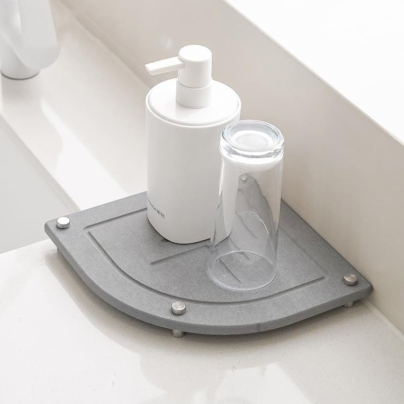 Garvee 2 Pcs Water Absorbing Stone Drying Tray, Quick Dry Diatomite Bathroom Sink Kitchen Counter Vanity Organizer, Instant Dry Soap Dish Sponge Holder Dispenser Caddy, Grey