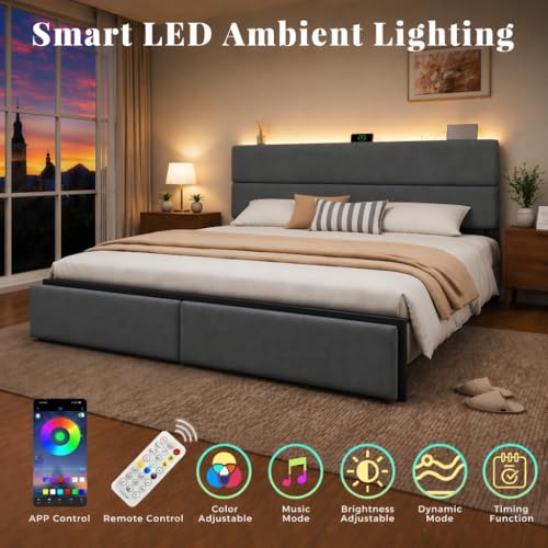 Image of Queen Bed Frame with 2 Storage Drawers, Grey Velvet Upholstered | Platform Bed with Charging Ledge, LED Headboard Lighting, Metal Support, Noise Free, No Box Spring Needed, Easy Assembly