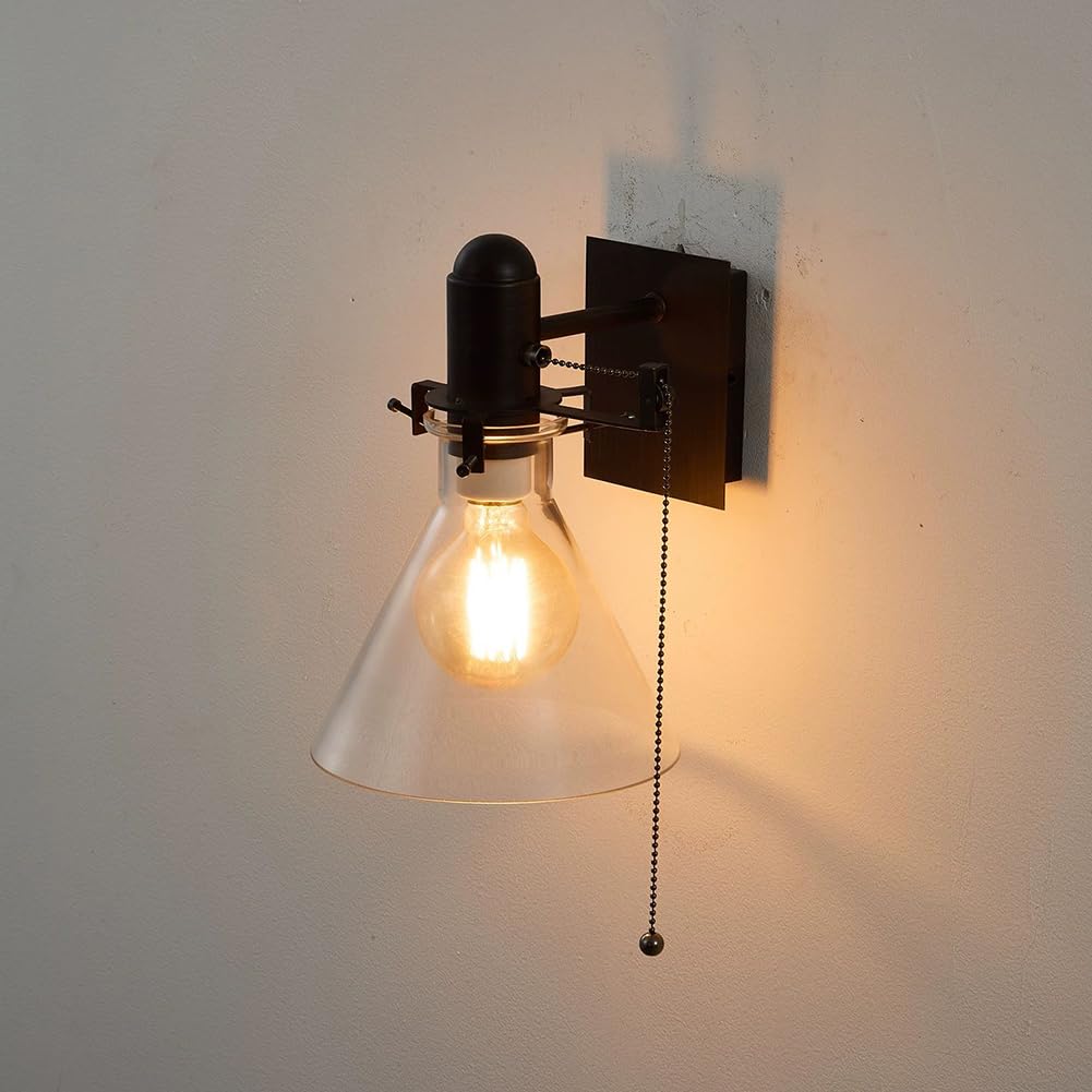 Retro Wandlampe mit Zugschalter Glas Schirm Innen Wandleuchte Schalter Schwarz Metall Vintage Industrie Wand Leselampe E27 Fassung Rustikal für Wohnzimmer Korridor Schlafzimmer