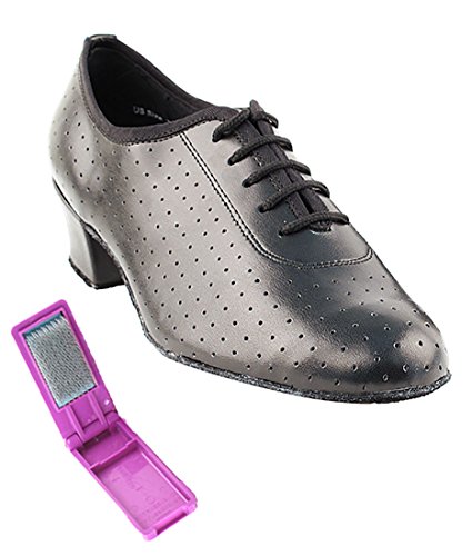 Very Fine Dance Shoes - Ladies Practice, Cuban Low Heel, Waltz Ballroom Dance Shoes - 2001-1.5-inch Heel and Foldable Brush Bundle - Black Perforated Leather - 7.5