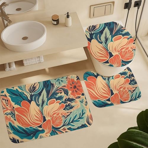 Tapis de bain 3 pièces motif fleurs avec contour U antidérapant
