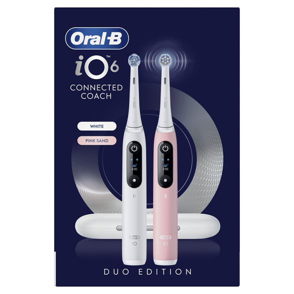 Oral-B Spazzolino da denti elettrico, confezione duo, maniche bianche e rosa, 5 modalità di spazzolatura di cui bianchezza e cura delle gengive, sensore di pressione, 3 spazzole orali B di ricambio