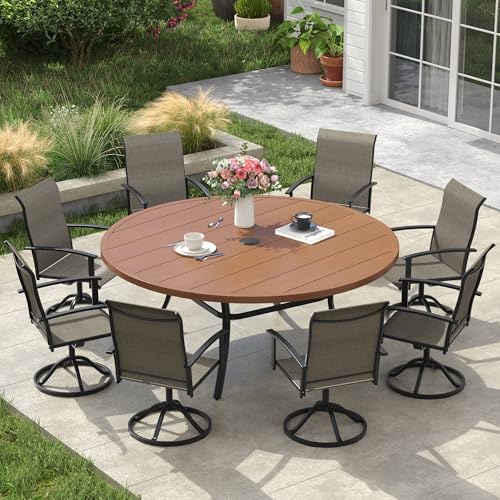 Image of VICLLAX 63 inch Round Patio Table, Outdoor Dining Table for 8-10 with Umbrella Hole for Garden Lawn Deck Backyard, Walnut