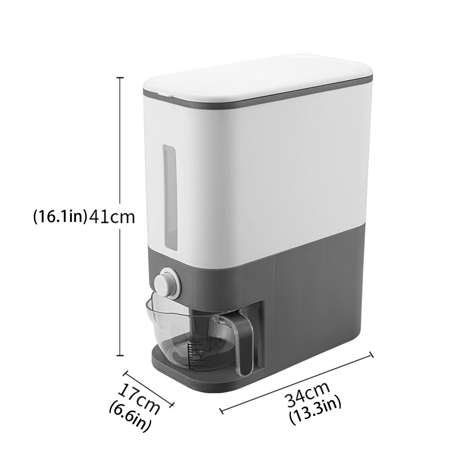 Secchio dispenser per cereali per uso domestico con cilindro graduato coperchio, contenitore da cucina ermetico per cereali, dispenser da banco per alimenti secchi, per riso, mais, farina, grigio (g