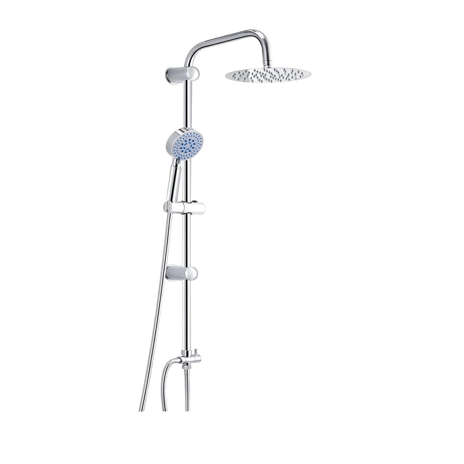 Handheld Showers 8" Square Overhead Adjustable Rainfall Shower Taps and Hose Chrome Plated Kit Stainless Steel Shower Bar Set (Round) — image 1