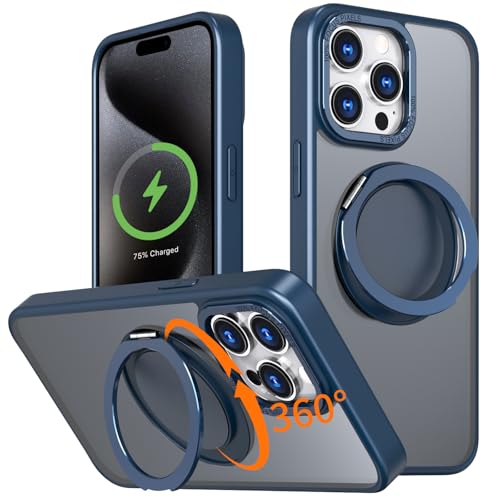 IYH 360° Rotatable Stand for iPhone 15 Pro Max Phone Case [Compatible with Magsafe], Magnetic Ring Military Grade Shockproof Translucent Back,Matte(Blue) -  IYH-DKCX-15PROMAX-BU