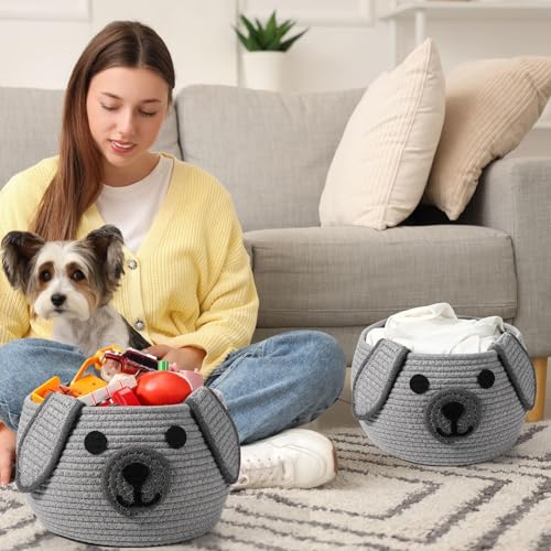 Image of Zopeal Dog Woven Basket Cute Woven Cotton Rope Puppy Animal Storage Basket for Laundry Toy Gift(Gray,13 x 8 Inch)