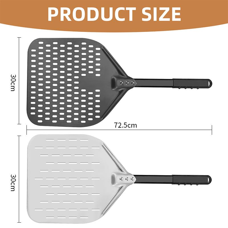 Pala Pizza Pala for pizza perforada de 12 pulgadas, aluminio anodizado duro, con mango, for dar vuelta a la(4pcs Silver Set)
