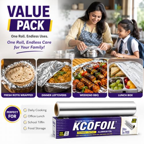 Image of Aluminium Silver Kitchen Foil Roll Paper Aluminium Foil (25 m, Pack of 1)
