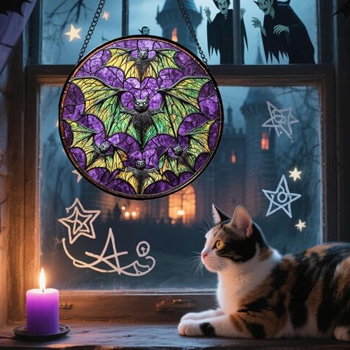 Image of Stained Glass Window Hanging - Halloween Decorations Bats Suncatcher for Doors Garden Indoor Spooky Funny Purple Sun Catchers Gothic Decor Horror Gifts for Women Men Friend 15 in