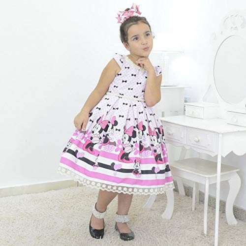 Vestido infantil tema Minnie Rosa com bordado em perolas