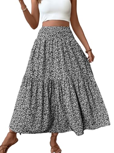 Women's Summer Floral Maxi A-Line Boho Skirt, Summer for Women 2025 Vacation Boho Floral Tiered (10,Black Flower)
