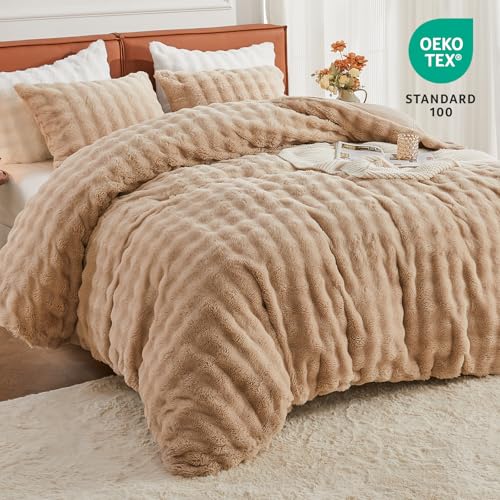 Image of EMME Faux Fur Duvet Cover Queen Size, 3 Pieces Ultra Soft Fluffy Comforter Cover, Cozy Warm for Winter, Luxury Elegant Shaggy Bubble Design Bedding, 1 Duvet Cover & 2 Pillow Shams (Queen, Beige)