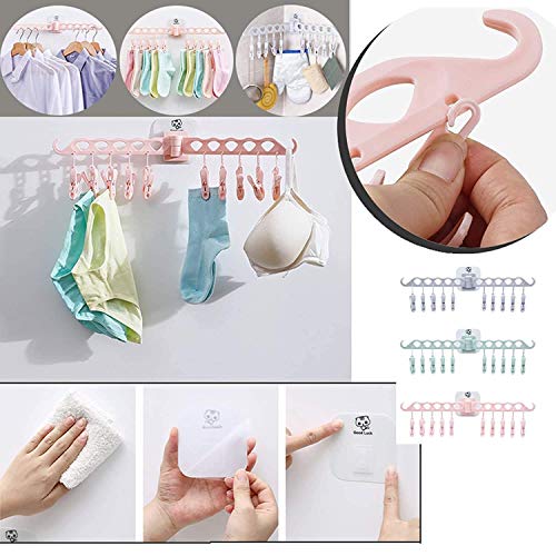 Heria-Adhesive-Hanger-Home-Clothing-Hanger-with-Clip-Stand-Cloth-Hanger-10-Clip-Bathroom-Kitchen-Wall-Door-Hanging-Rack-Baby-Clothes-Towels-Inner-Wear-Socks-Plastic-Rack-Multicolor