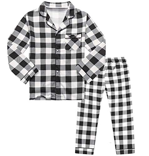 Kids Boys Girls Plaid 2-Piece Pajama Set, Button Down Sleepwear Lounge Pants 2pcs Pjs Set, Long White Black Plaid, 18-24 Months = Tag 90