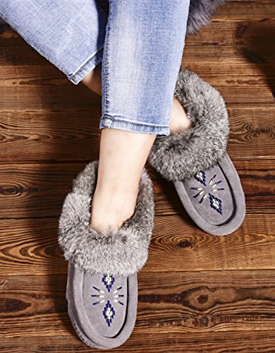 Women Moccasins Indoor Slippers of Soft Sole Fleece Lined Rabbit Fur Trim2