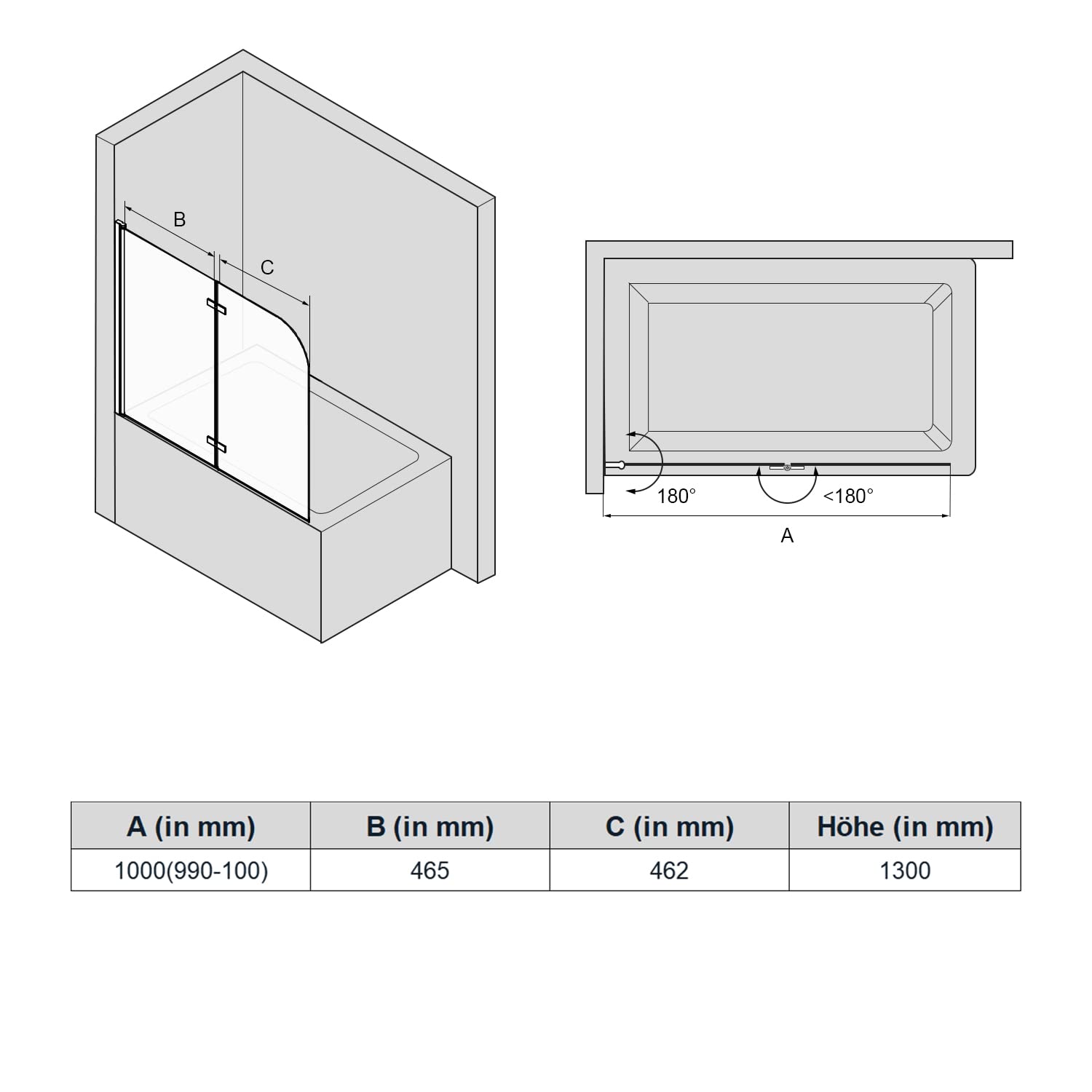 Sonni Mampars Bañera Plegable 2 Hojas 100 x 130 cm, Cristal Templado de 6mm con Recubrimiento Nano de Dos Lados, Mamparas de bañera Perfil Aluminio