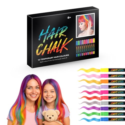 Straame Washable Hair Chalk Set (10 Colours) Twist-Up Chalk Pens Easy Apply Shampoo Rinse-Off Temporary Hair Dye For Kids Teens & Adults | Fun Streaks for Parties Birthdays & School Dress-Up