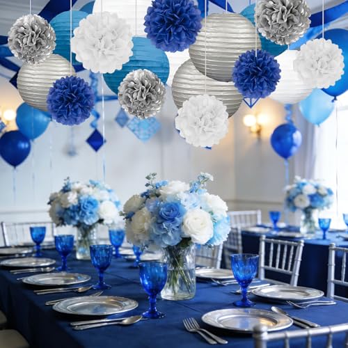 Image of 18 PCS Blue White Silver Paper Lanterns & Tissue Paper Pom Poms for Men's Birthday, Graduation 2026, Wedding, Hanging Paper Decor for Indoor Outdoor Events Theme Party Supplies