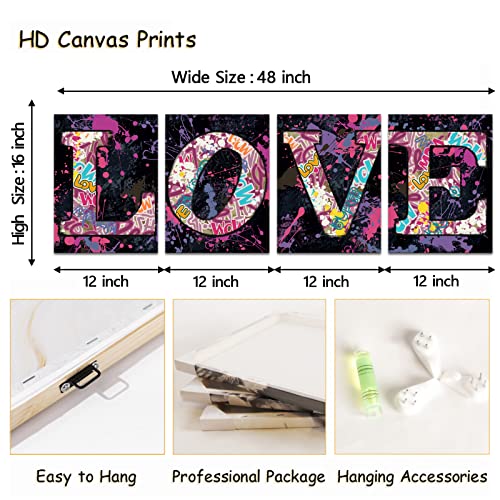 Ryounoart 4 Piece Love Wall Art Graffiti Painting On Canvas Colorful Love Print Pictures Romantic Poster Artwork For Home Bedroom Living Room Bathroom Decor Framed Ready To Hang #TOP5