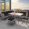 YITAHOME Patio Wicker L-Shaped Furniture Set, All-Weather Rattan Outdoor Conversation Sofa Set for Backyard Deck with Soft Cushions,Ottomans and Plastic Wood Dining Table (Light Brown+Black)