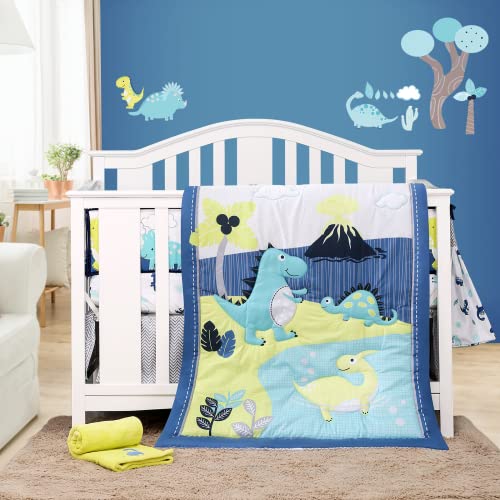 Image of 8 PC Dinosaur Crib Bedding Set for Baby Boys, Blue Nursery Set with Quilt/Sheet/Dust Ruffle/Blanket/Diaper Stacker/3 Wall Stickers, (0363)
