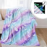 Glow in The Dark Super-Sized 59'X71' Plush Butterfly Blanket for Kids & Teens w/Mini UV Flashlight - Soft Thick Polyester Blanket w/Words of Affirmation