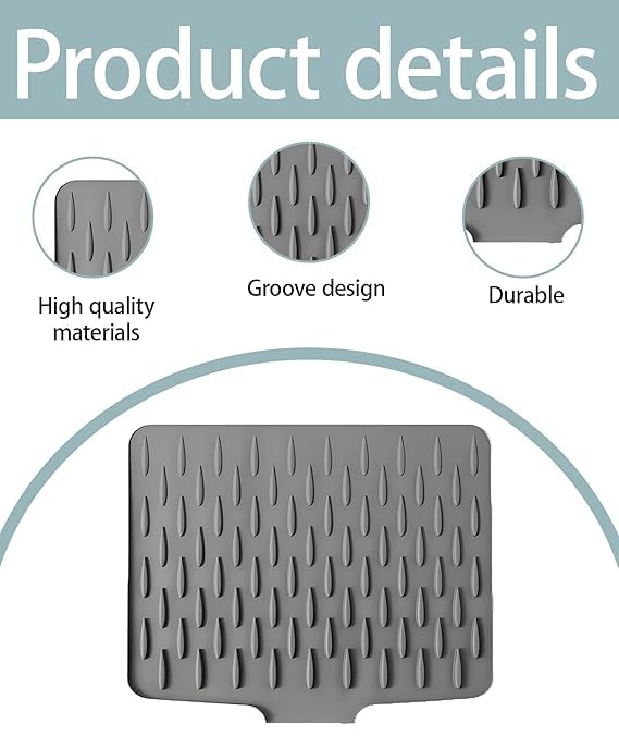 Image of Silicone Dish Drying Mat for Kitchen - Large Quick-Dry Countertop Mat with Built-in Drain Lip, Non-Slip, Heat-Resistant & Hygienic Draining Pad for Utensils & Dishes (32.5 x 24 cm)