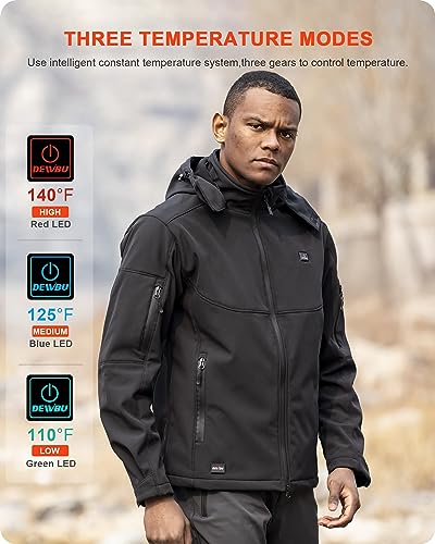 DEWBU Soft Shell Heated Jacket for Men with 12V Battery Pack and Detachable Hood Outdoor Electric Heating Coat, Black, M - Thumbnail 4