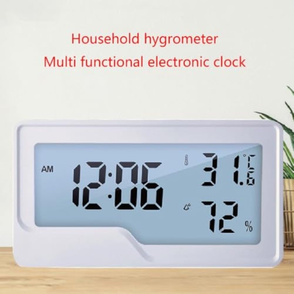 Termómetro digital higrómetro con reloj -50 a 70 °C medidor de humedad de temperatura, registro máximo/mínimo, montaje en pared o escritorio para invernadero doméstico (sin retroiluminación)