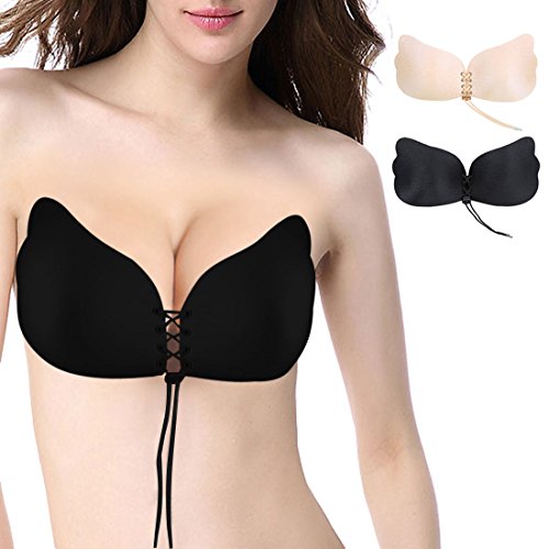 Adhesive Bra Push Up Bra Backless Bra with Drawstring, Adjustable Strapless Self Adhesive Invisible Bras for Women,Black,Cup A