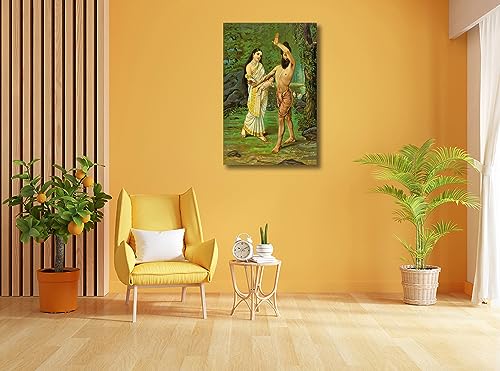 Image of Sikhash Raja Ravi Varma Canvas Painting - Classic Art, Indian Art, Mahabharata - Birth of Shakuntala, 12x8 inches (30x20 cm), Unframed, Multicolor, Living Room Wall Art