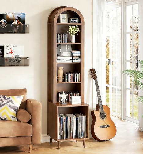 Limaoaio Large Record Player Stand with Vinyl Storage,6-Tier Arched Record Player Table Holds Up 150+ Albums, Turntable Stand with CD/DVD Rack,Vinyl Record Storage for Living Room (Walnut, 15.74''W)