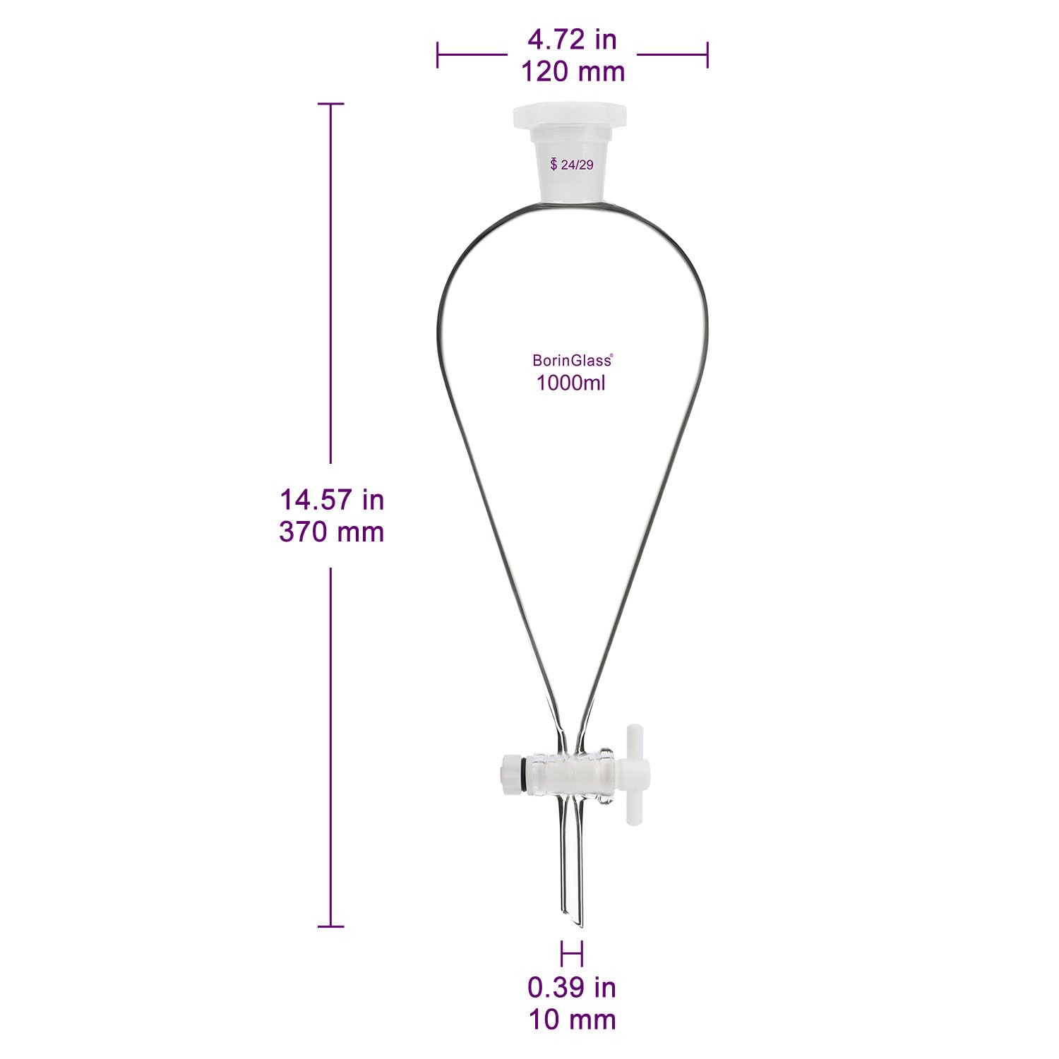 BorinGlass Kegelförmiger Abtrenntrichter 1000 ml mit 24/29 Gelenken und PTFE-Hähne, Trenntrichter aus Borosilikatglas mit Dickwandigem Design
