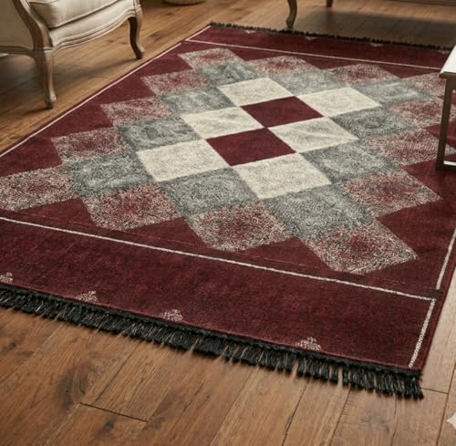 Image of Modern Geometric Chenille Area Rug (4' x 6') - Soft Maroon Patterned Carpet for Living Room, Bedroom & Office | Durable & Easy-Clean Floor Decor
