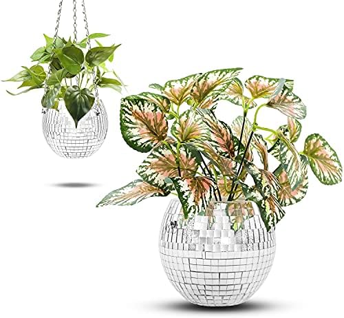 Disco Ball Planter for Indoor Outdoor | Self Watering Hanging Flower Pot | 6'' Unique Boho Vase Home Office Balcony Patio Tabletop Room | Silver Small Mirror Plant Holder | Retro Groovy Wall Hanger