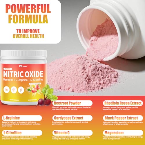 Image of Nitric Oxide Supplement - 180g Nitric Oxide Powder with Beetroot Powder, L-Arginine & L-Citrulline - Energy Support for Women & Men - Strawberry Lemon Flavor - 25 Days Supply