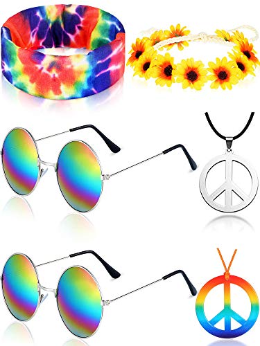 Frienda Hippie Costume Set, Includes 2 Pieces Hippie Sunglasses, 2 Pieces Peace Sign Necklace and 2 Pieces Hippie Headband for 60s or 70s Hippie Dressing Accessories (Style Set 1)